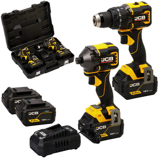 Професійний комплект JCB 18V: ударний дриль 75 Нм, ударний гайковерт 230 Нм, 2 акумулятори 5,0 Аг, зарядний пристрій