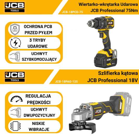 JCB Professional Zestaw Wiertarko-wkrętarka 75 Nm Szlifierka kątowa 125 mm 2x 5Ah Ładowarka Torba