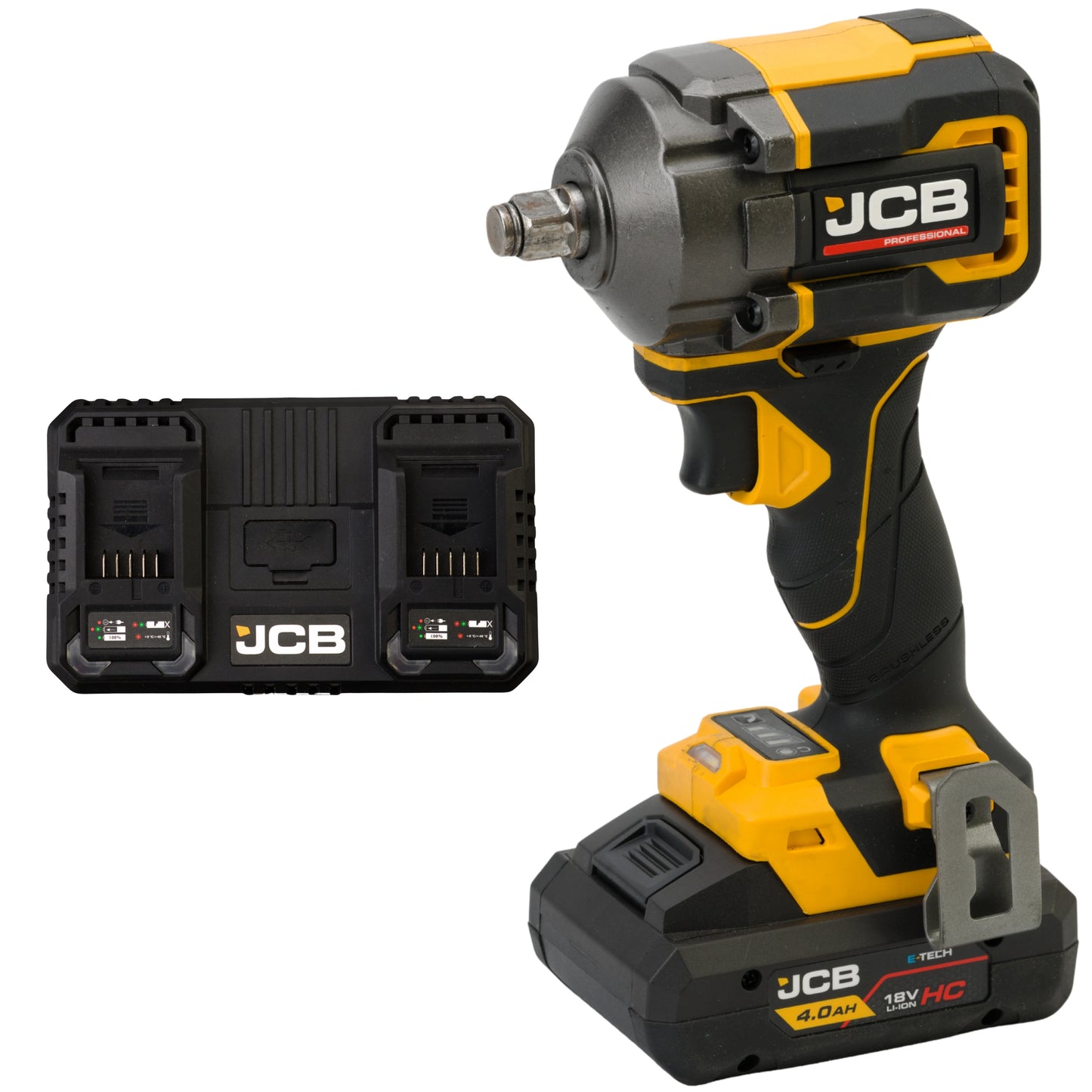 klucz udarowy akumulatorowy JCB Professional 18V żółto-czarny z akumulatorem E-Tech HC 4.0Ah i podwójną ładowarką ujęcie z lewej strony