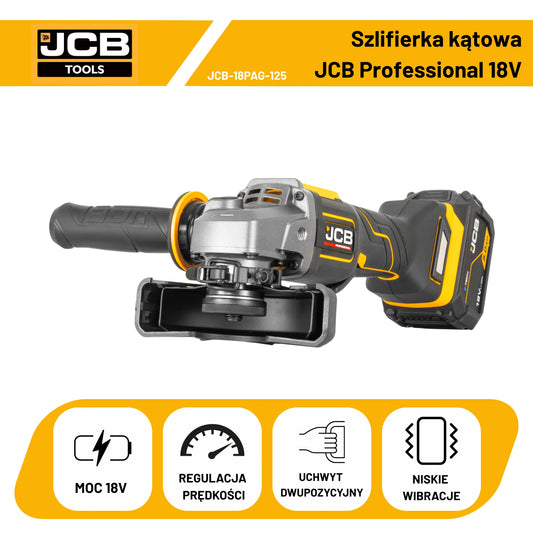 JCB Professional 18V Zestaw Szlifierka 125mm, Wiertarko Wkrętarka, 3x Baterie, Dual Charge, Torba
