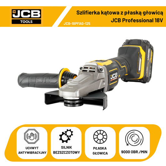 JCB Professional 18V Szlifierka Kątowa z Włącznikiem Łopatkowym i Płaską Głowicą (125 mm / 5")