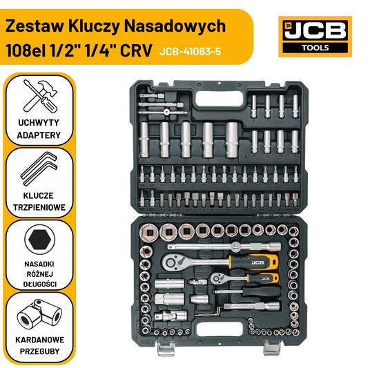 Набір торцевих ключів JCB, 108од.1/2 та 1/4, CrV, з тріскачками у валізі (41082)