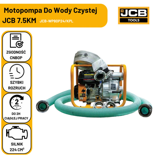 Komplet: Motopompa JCB Tools WP80 7,5 KM + Wąż Ssawny 3'' 5 M + Wąż Tłoczny CNBOP 15 Bar 20 M + 2x Nasada Storz 75 Mm
