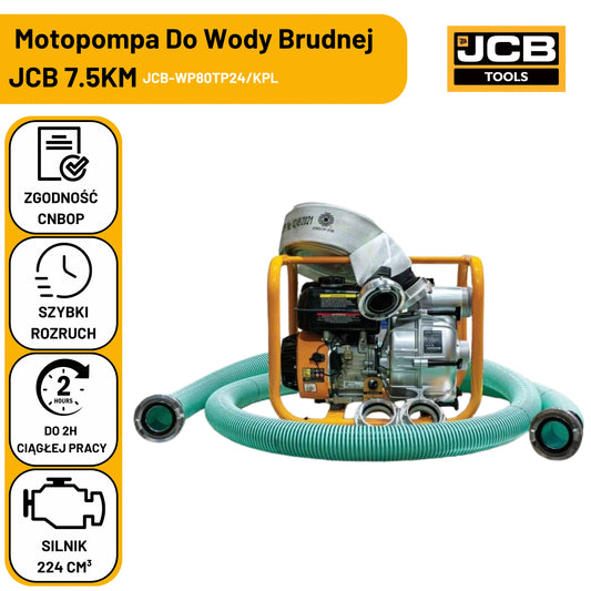 Komplet: Motopompa JCB Tools WP80T 7,5 KM + Wąż Ssawny 3'' 5 M + Wąż Tłoczny CNBOP 15 Bar 20 M + 2x Nasada Storz 75 Mm