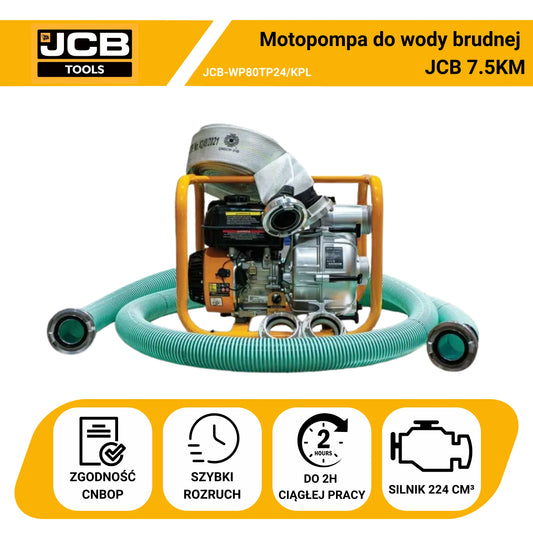 Zestaw Motopompa 80mm 3 Cale JCB Tools 7.5KM do wody brudnej 1000l/min + Węże