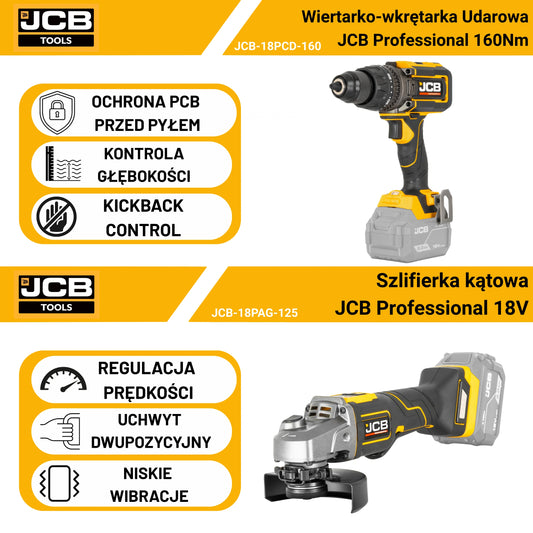 JCB Professional 18V Zestaw Szlifierka Płaska 125mm Wiertarko-Wkrętarka 160 Nm Dual Charge 4,5A Baterie 4Ah 5Ah Torba