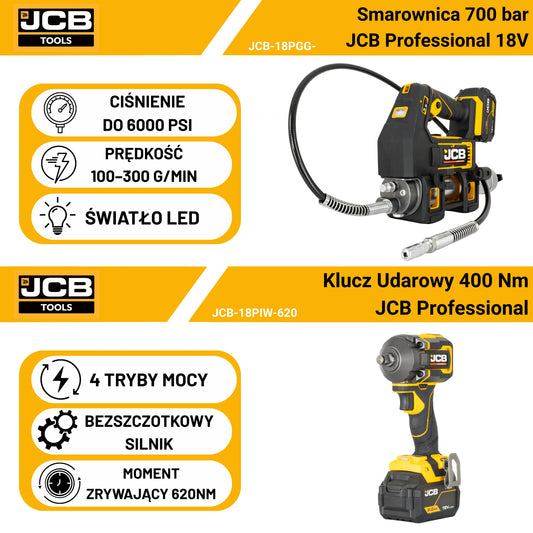 JCB Professional Zestaw Klucz Udarowy 620 Nm + Smarownica 690 Bar 18V 3x 5,0Ah Ładowarka Torba