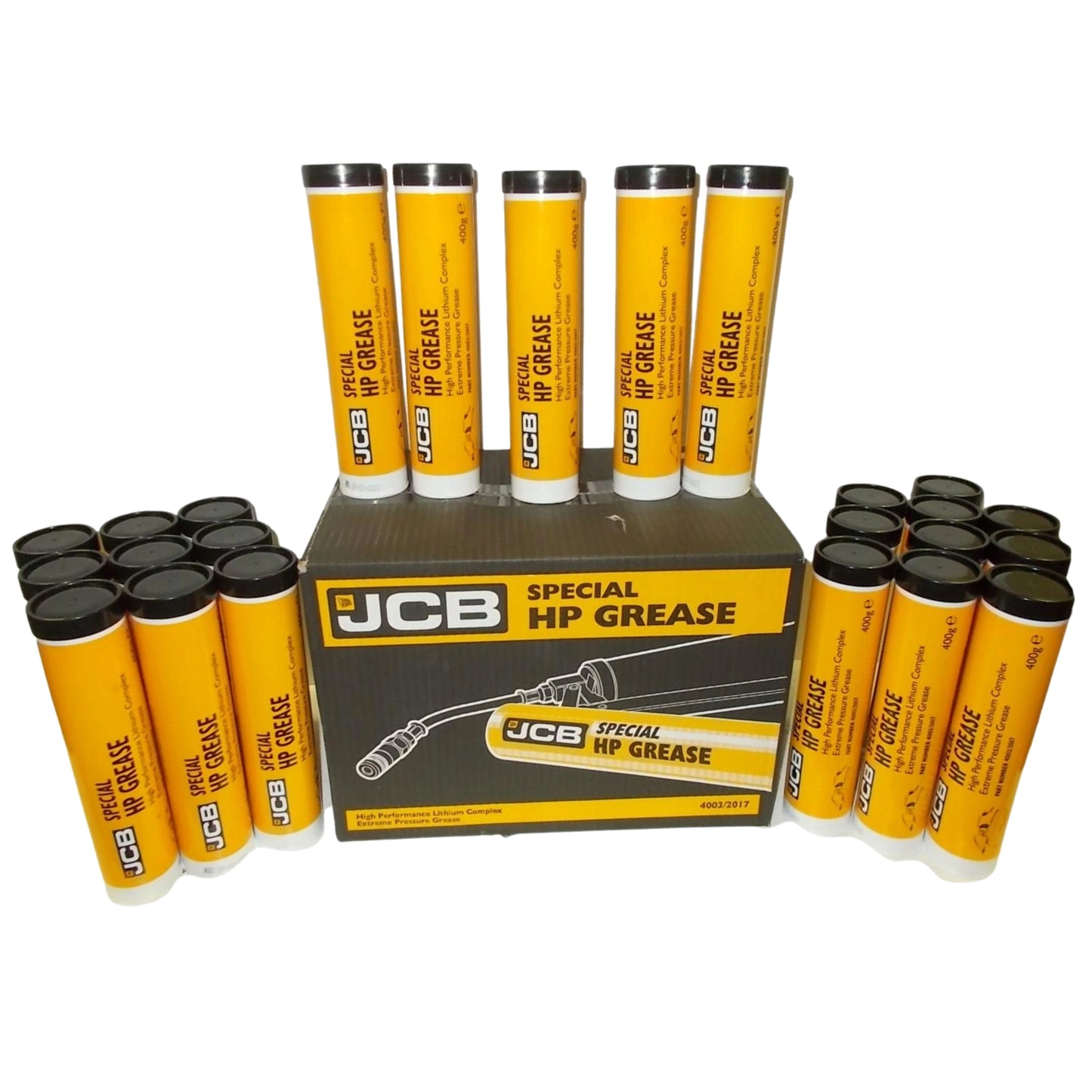 Zestaw tub smaru JCB Special HP Grease 400g ułożonych przy kartonie zbiorczym
