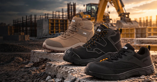 Buty robocze JCB na placu budowy z maszyną w tle