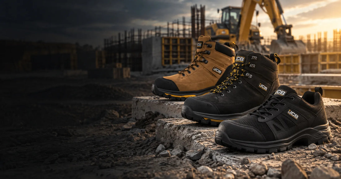 Buty robocze JCB na placu budowy z maszyną w tle
