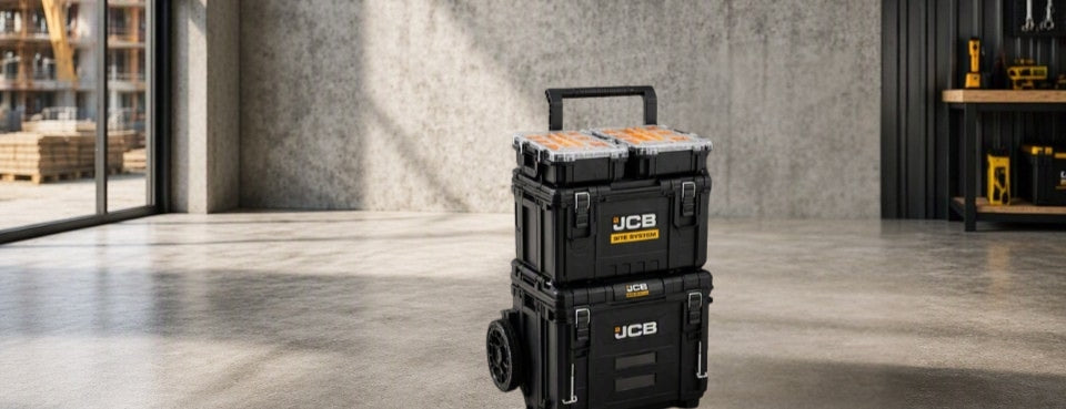 mobilny system skrzyń narzędziowych JCB na kółkach w hali warsztatowej
