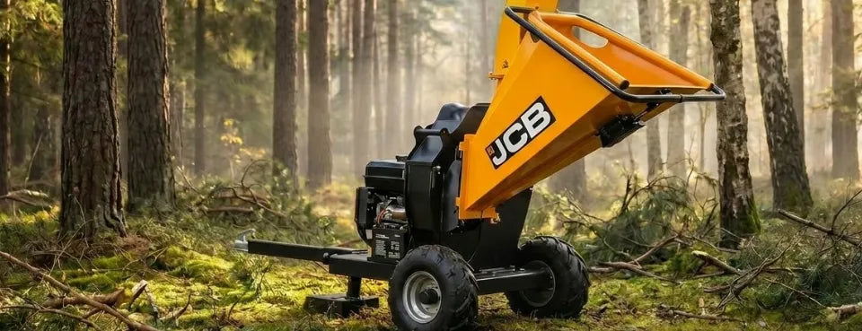 rozdrabniarka do gałęzi JCB stojąca w lesie, widok z boku