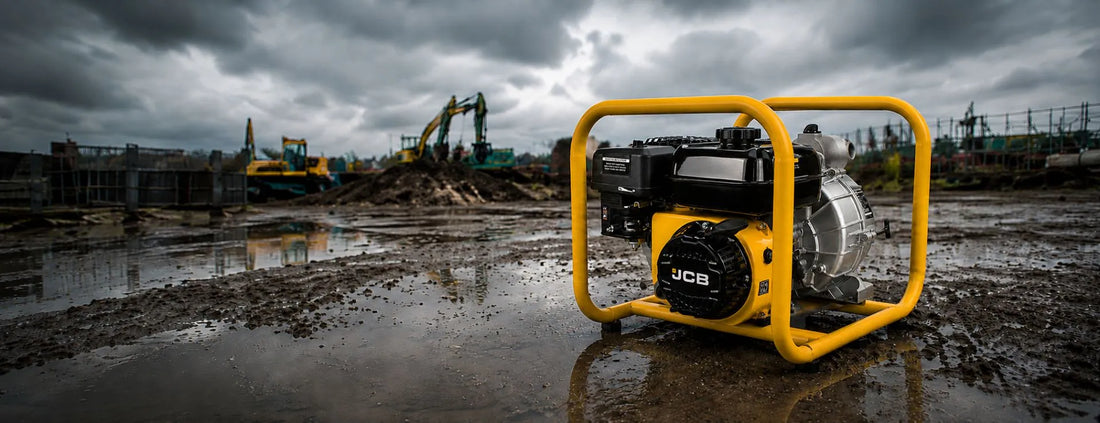 Motopompa JCB na mokrym placu budowy z koparkami w tle