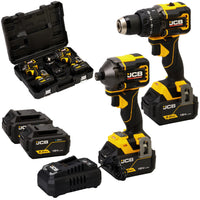 Професійний комплект JCB 18V: ударний дриль 75 Нм, ударний гайковерт 230 Нм, 2 акумулятори 5,0 Аг, зарядний пристрій