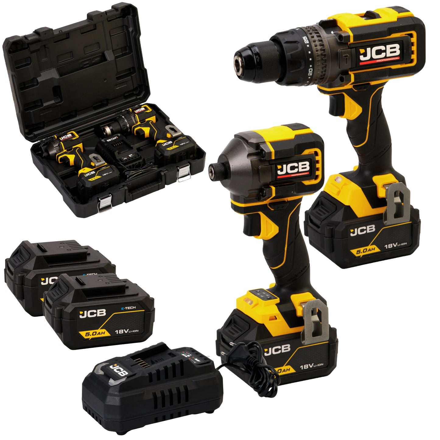 JCB Professional 18V Zestaw: Wiertarko-wkrętarka Udarowa 160Nm, Zakrętarka 230Nm, 2x 5.0Ah, Ładowarka