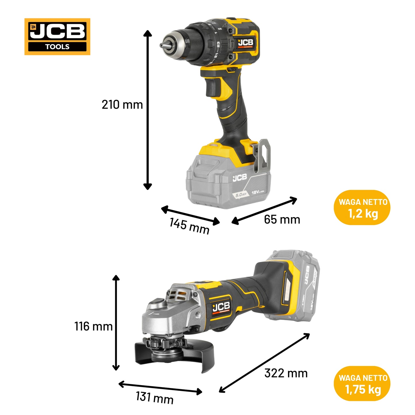 JCB Professional Zestaw Wiertarko-wkrętarka 75 Nm Szlifierka kątowa 125 mm 2x 5Ah Ładowarka Torba