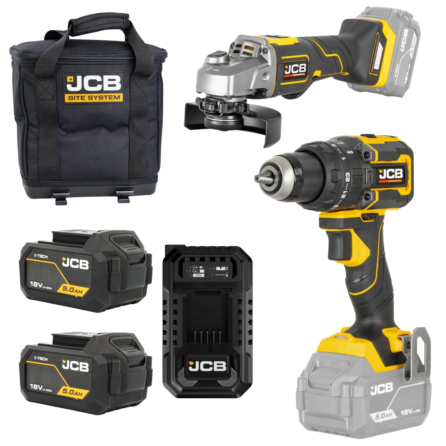 JCB Professional Zestaw Wiertarko-wkrętarka 75 Nm Szlifierka kątowa 125 mm 2x 5Ah Ładowarka Torba