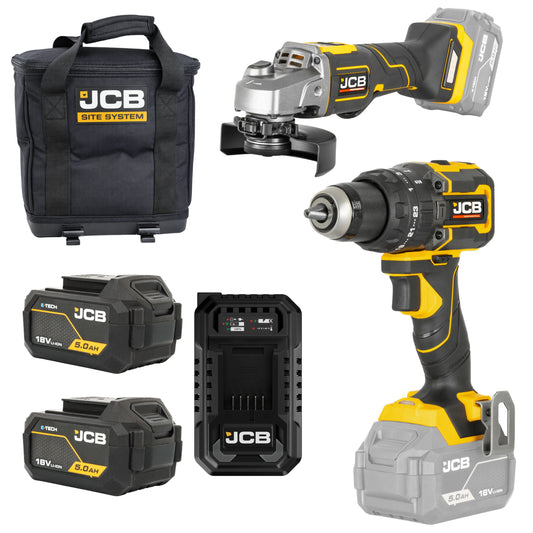 JCB Professional Zestaw Wiertarko-wkrętarka 75 Nm Szlifierka kątowa 125 mm 2x 5Ah Ładowarka Torba