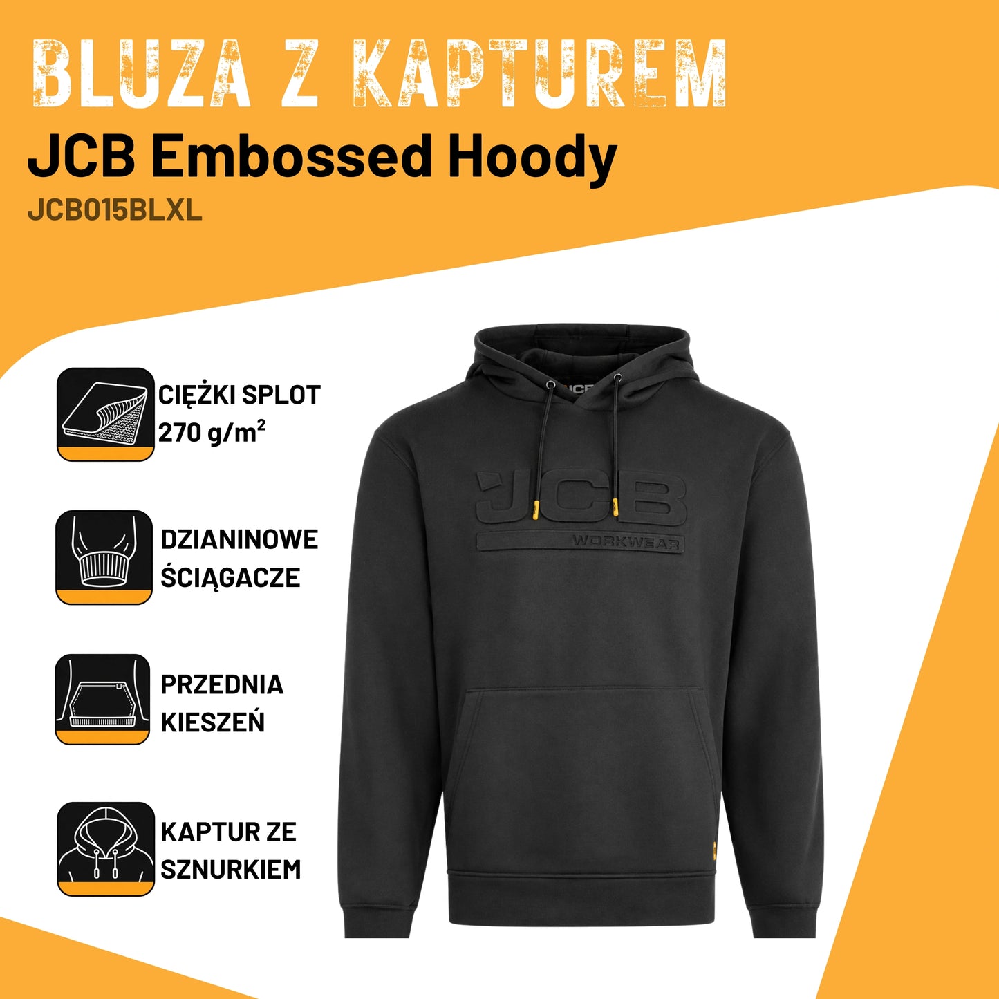 JCB Workwear Bluza Robocza z Kapturem z Logo 3D – Czarny – zdjęcie 3