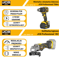 JCB Professional Zestaw Wiertarko-wkrętarka 75 Nm Szlifierka kątowa 125 mm 2x 5Ah Ładowarka Torba