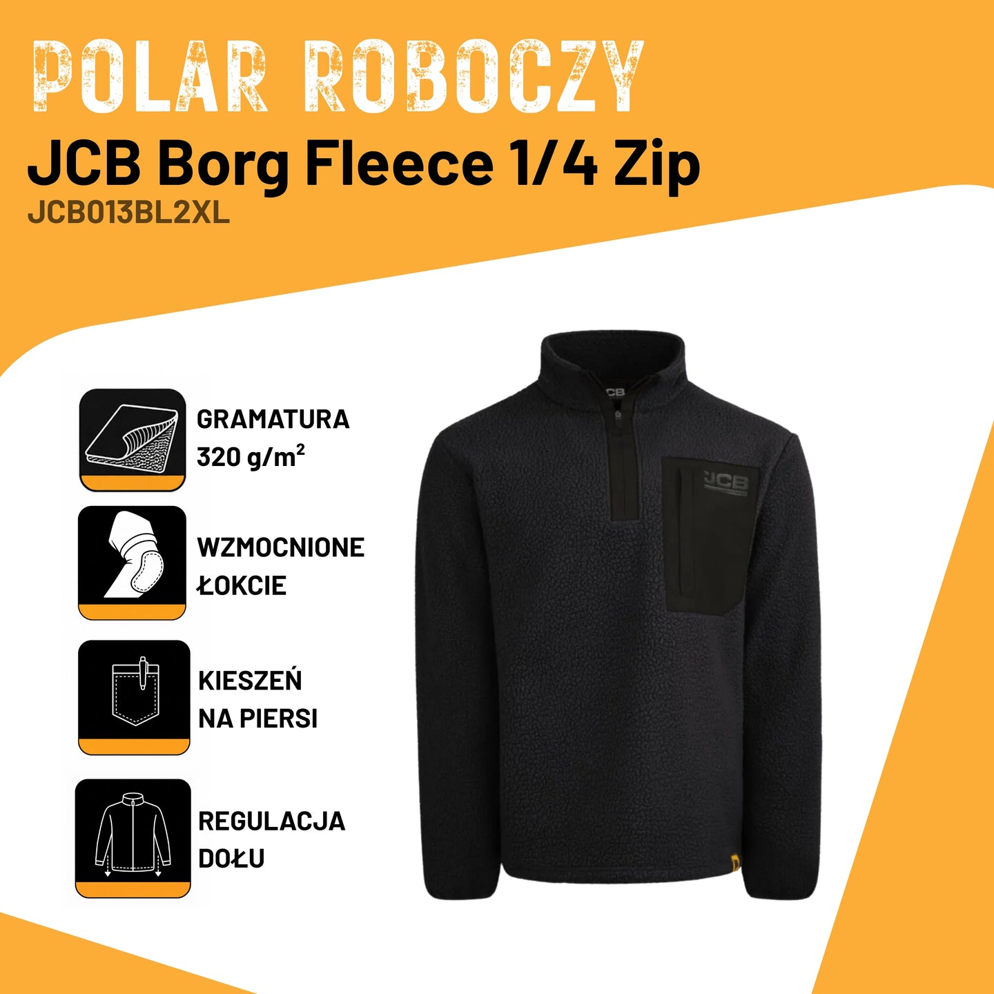 JCB Workwear Polar Roboczy Borg z Zamkiem 1/4 – Czarny – zdjęcie 3