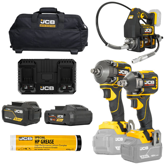 JCB 18V Zestaw 2 Klucze Udarowe Smarownica 2 Baterie Dual Charge Smar