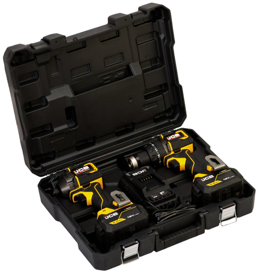 Професійний комплект JCB 18V: ударний дриль 75 Нм, ударний гайковерт 230 Нм, 2 акумулятори 5,0 Аг, зарядний пристрій