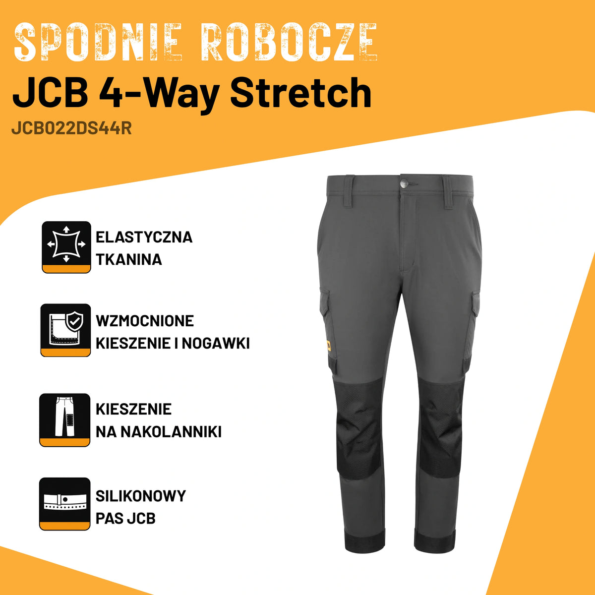 Infografika spodni JCB 4-Way Stretch z ikonami elastyczna tkanina, wzmocnione kieszenie i nogawki, kieszenie na nakolanniki, silikonowy pas JCB