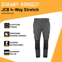 Infografika spodni JCB 4-Way Stretch z ikonami elastyczna tkanina, wzmocnione kieszenie i nogawki, kieszenie na nakolanniki, silikonowy pas JCB