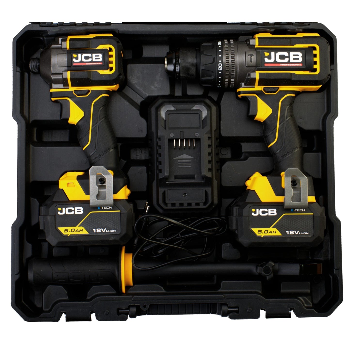 JCB Professional 18V Zestaw: Wiertarko-wkrętarka Udarowa 160Nm, Zakrętarka 230Nm, 2x 5.0Ah, Ładowarka
