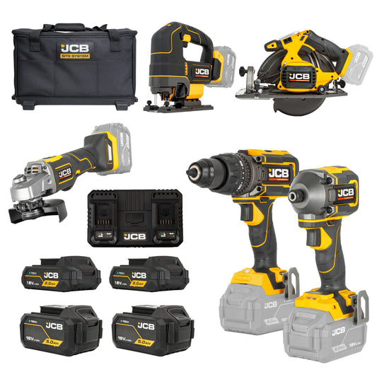 JCB Zestaw 5w1: Wiertarka 160Nm + Zakrętarka 230Nm + Pilarka 185mm + Szlifierka 115mm + Wyrzynarka + 2x2Ah + 2x5Ah + Ładowarka 4.5A + Torba