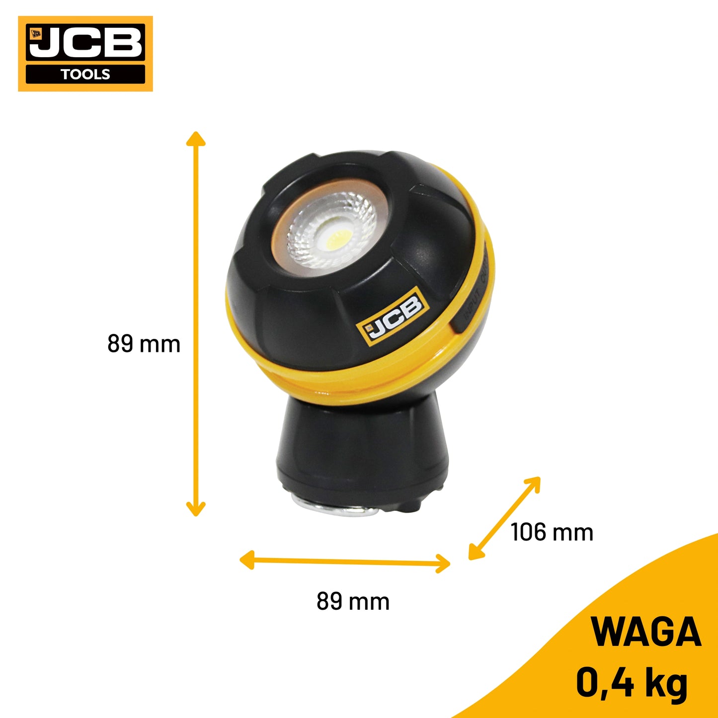 Lampa robocza JCB Globe LED – port USB powerbank do ładowania urządzeń w terenie