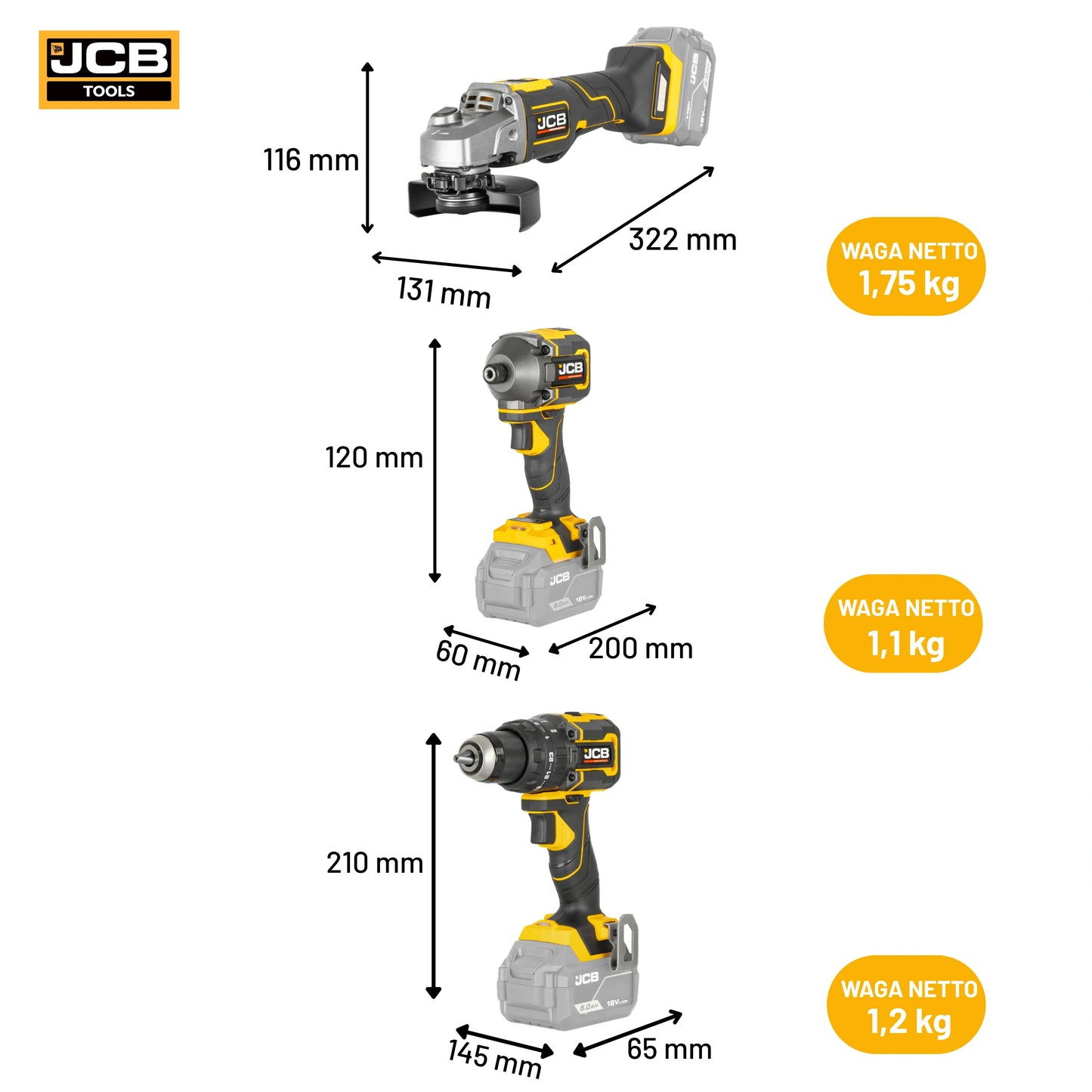 JCB Zestaw Elektronarzędzi 18V Wiertarko-Wkrętarka Szlifierka Zakrętarka