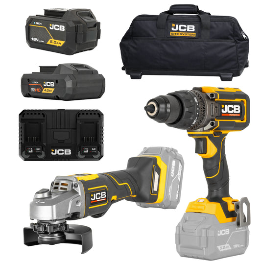 JCB Professional 18V Zestaw  Szlifierka Płaska 125mm Wiertarko-Wkrętarka 160 Nm Dual Charge 4,5A Baterie 4Ah 5Ah Torba