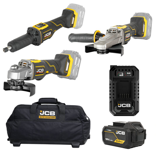 JCB Professional 18V Zestaw Szlifierek 2 x Kątowa 125mm + 1 x Trzpieniowa Ładowarka 4,5A Bateria 5Ah Torba