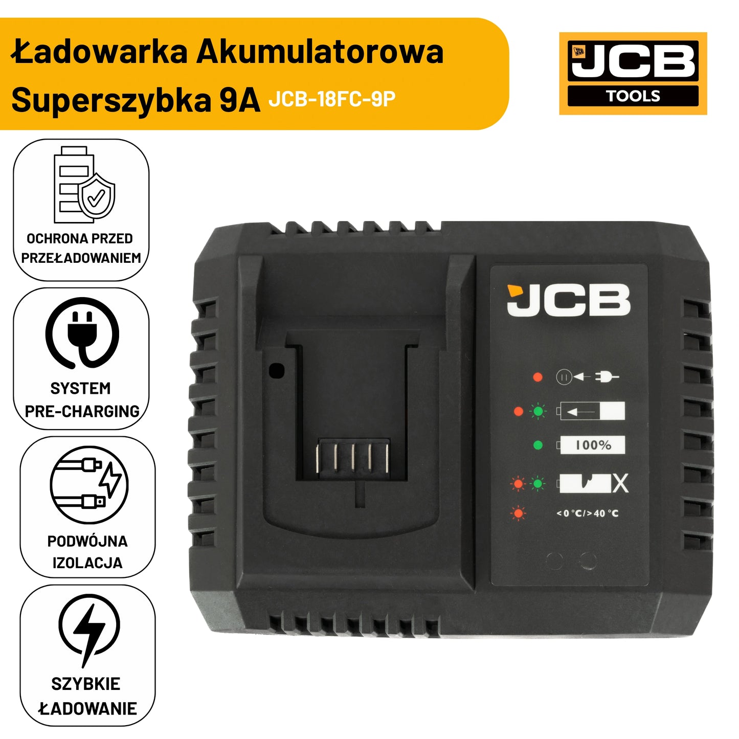 JCB Professional  Super Szybka Ładowarka 9A Do Akumulatorów Li-Ion 18V