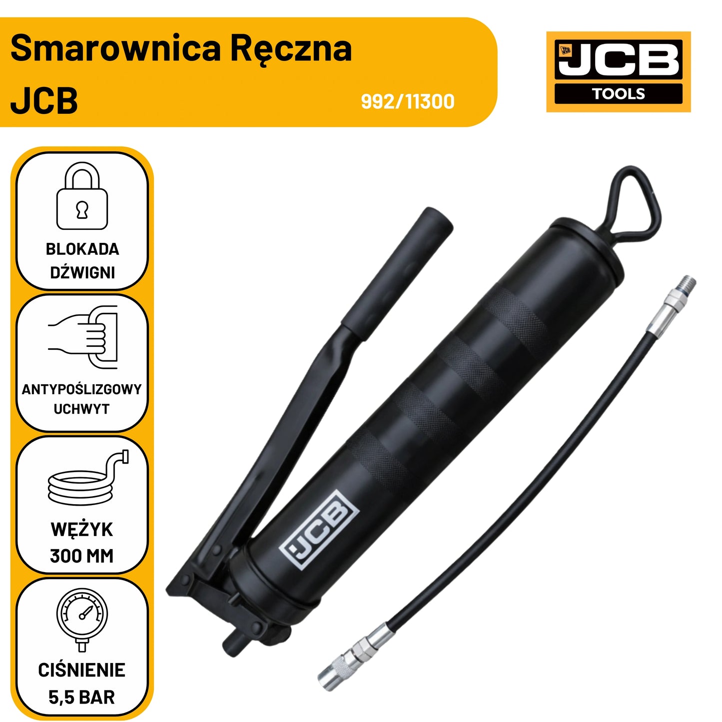 JCB Smarownica Ręczna 992/11300 – dźwignia pompująca i głowica dystrybutora smaru