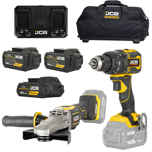 JCB 18V Zestaw Szlifierka Płaska Wiertarko Wkretarka 3 Baterie Dual Charge Torba