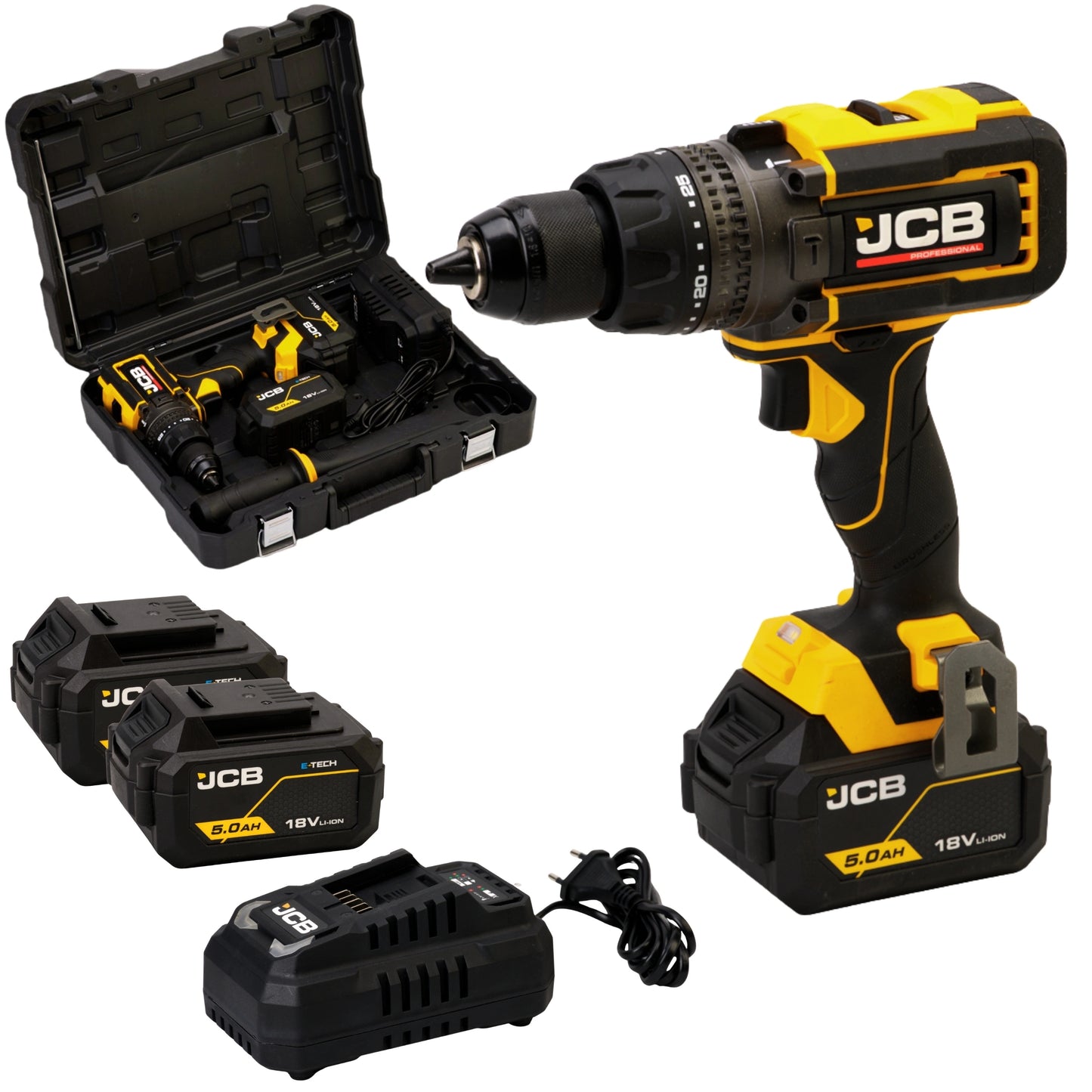 Професійний комплект ударного дриля JCB 18V 160 Нм - 2 акумулятори 5,0 Аг + швидкий зарядний пристрій 4,5 А