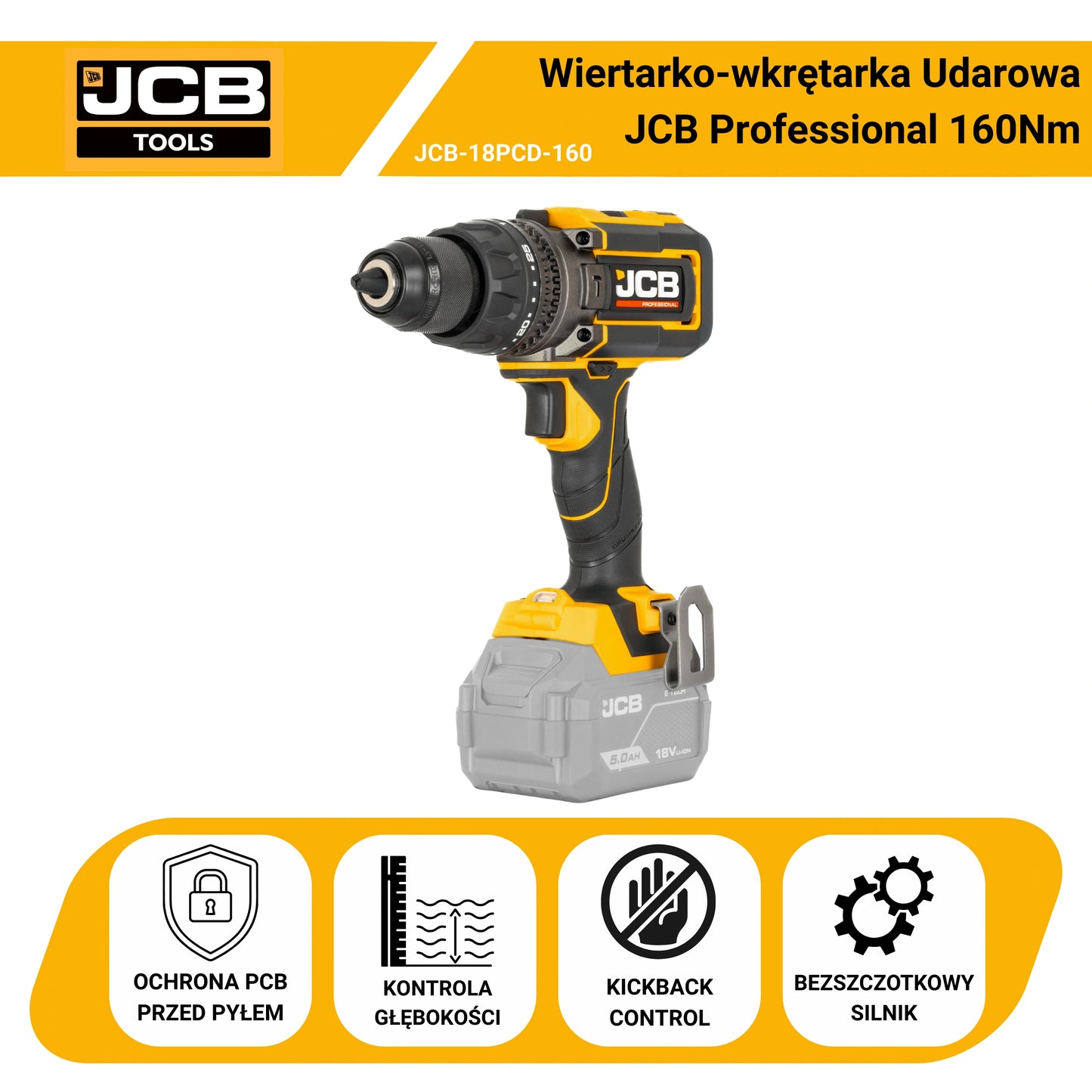 Професійний комплект ударного дриля JCB 18V 160 Нм - 2 акумулятори 5,0 Аг + швидкий зарядний пристрій 4,5 А