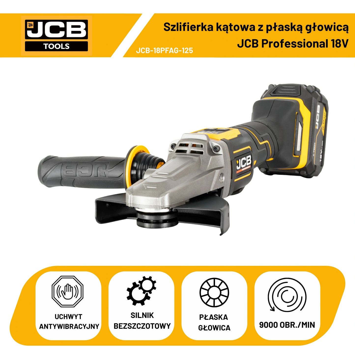 JCB Professional 18V Szlifierka Kątowa z Włącznikiem Łopatkowym i Płaską Głowicą (125 mm / 5")