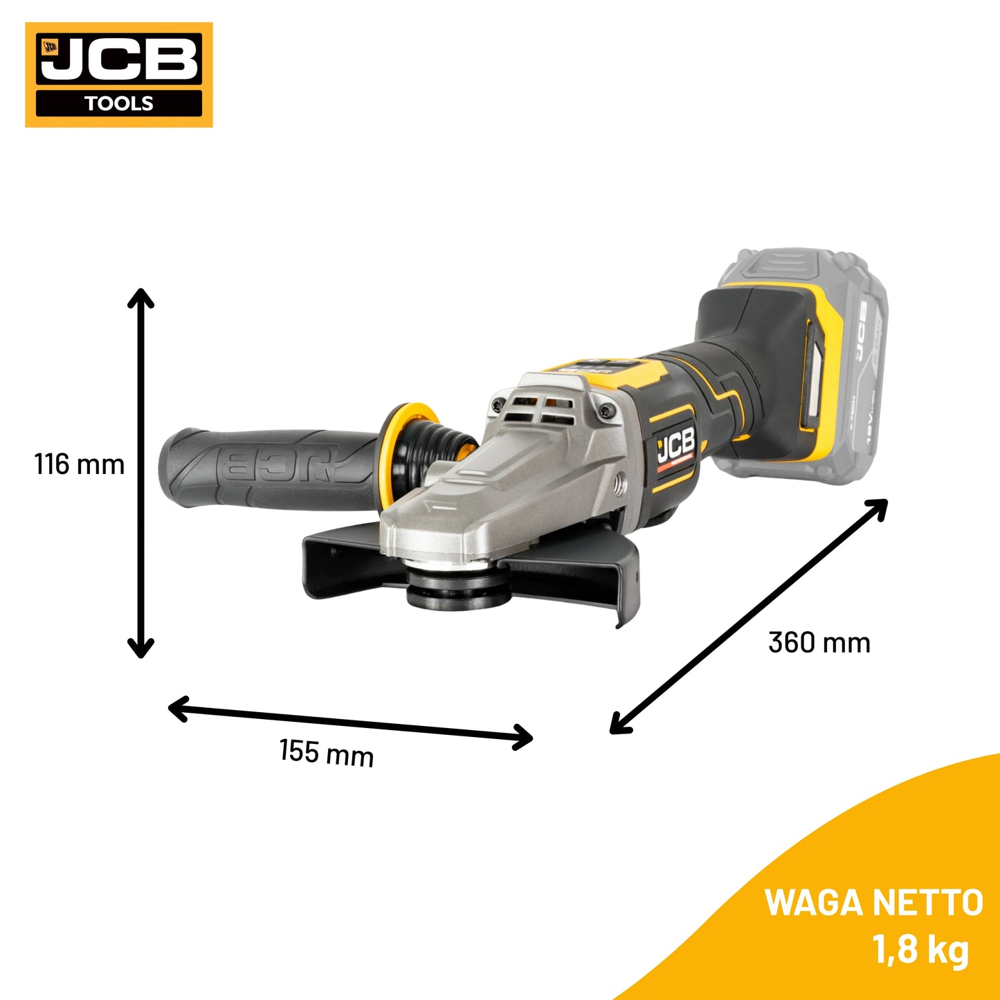 JCB Professional 18V Szlifierka Kątowa z Włącznikiem Łopatkowym i Płaską Głowicą (125 mm / 5")