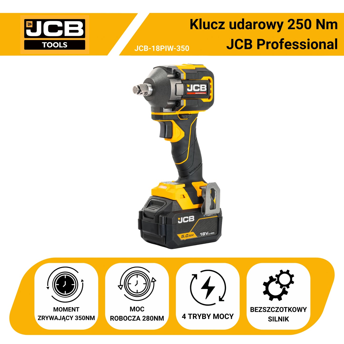 Професійний ударний гайковерт JCB 18V 1/2" 250 Нм (макс. 350 Нм)
