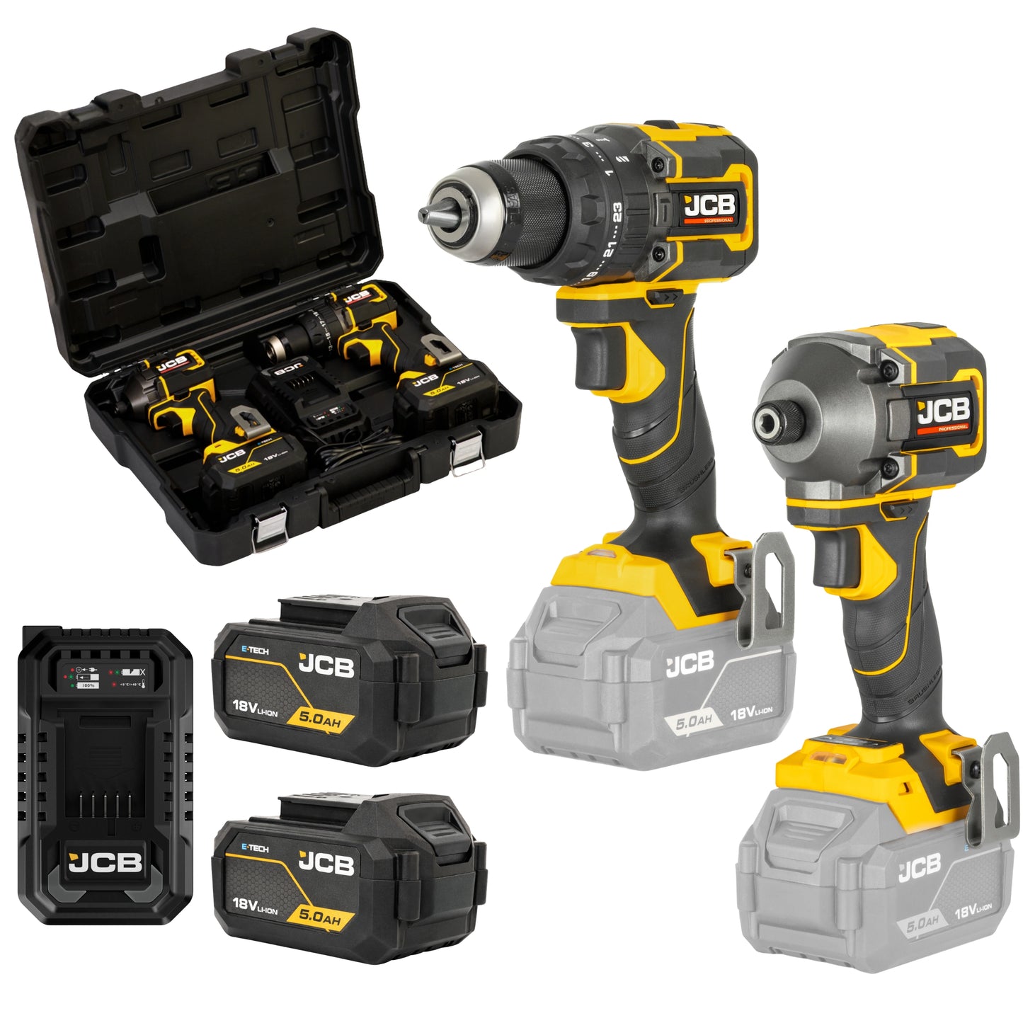 JCB Professional 18V Zestaw: Wiertarko-wkrętarka Udarowa 75Nm, Zakrętarka 230Nm, 2x 5.0Ah, Ładowarka
