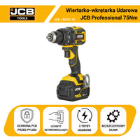 JCB Professional 18V Zestaw: Wiertarko-wkrętarka Udarowa 75Nm, Zakrętarka 230Nm, 2x 5.0Ah, Ładowarka