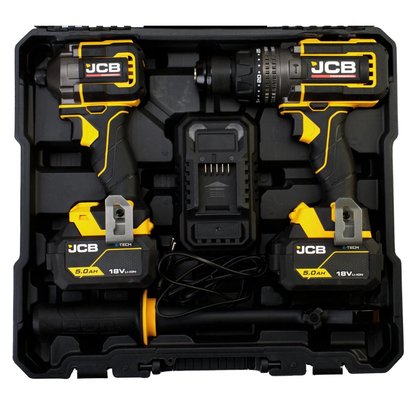 Професійний комплект JCB 18V: ударний дриль 160 Нм, ударний гайковерт 230 Нм, 2 акумулятори 5,0 Аг, зарядний пристрій