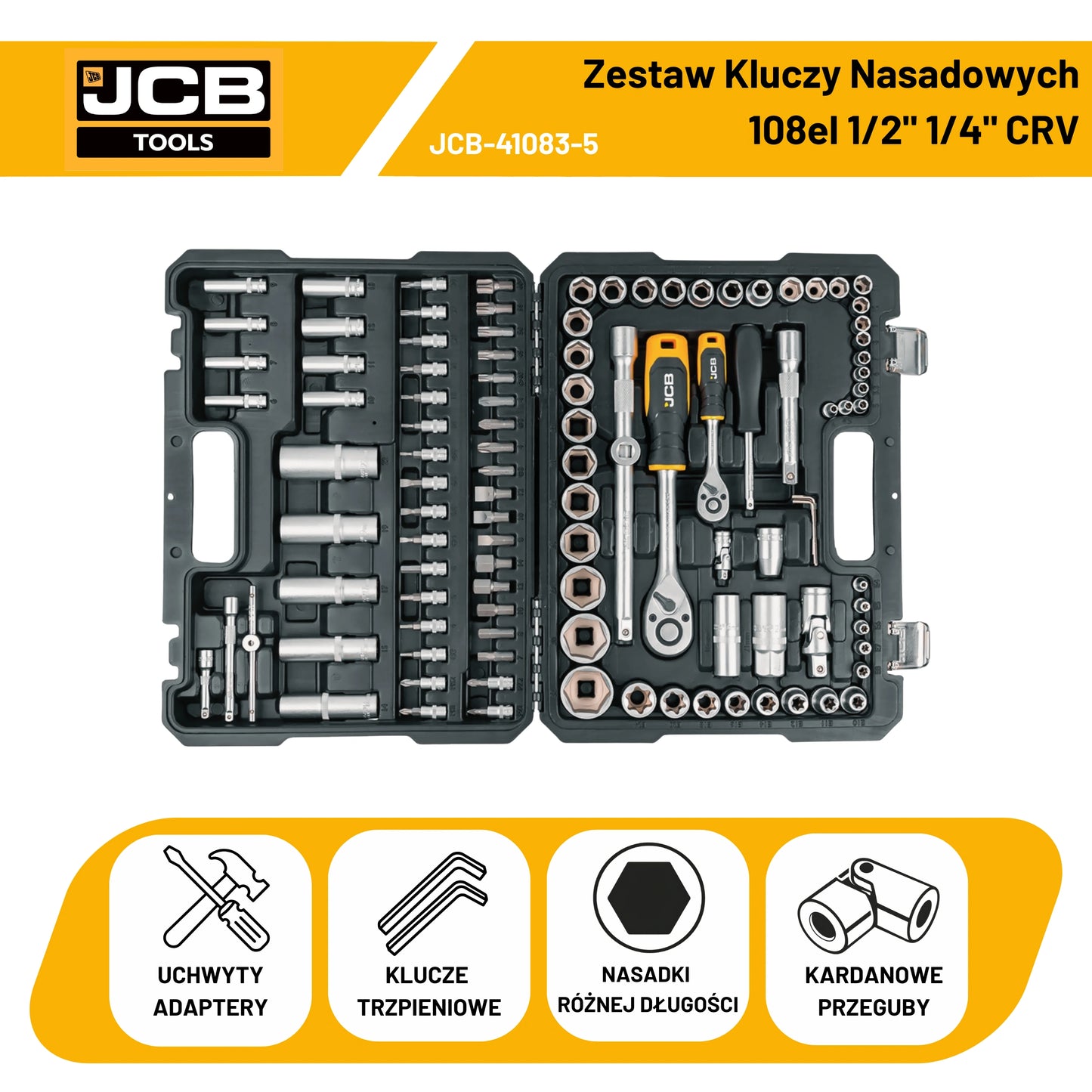 Zestaw Kluczy Nasadowych JCB 108el 1/2" 1/4" CRV Grzechotki Walizka 41082-5