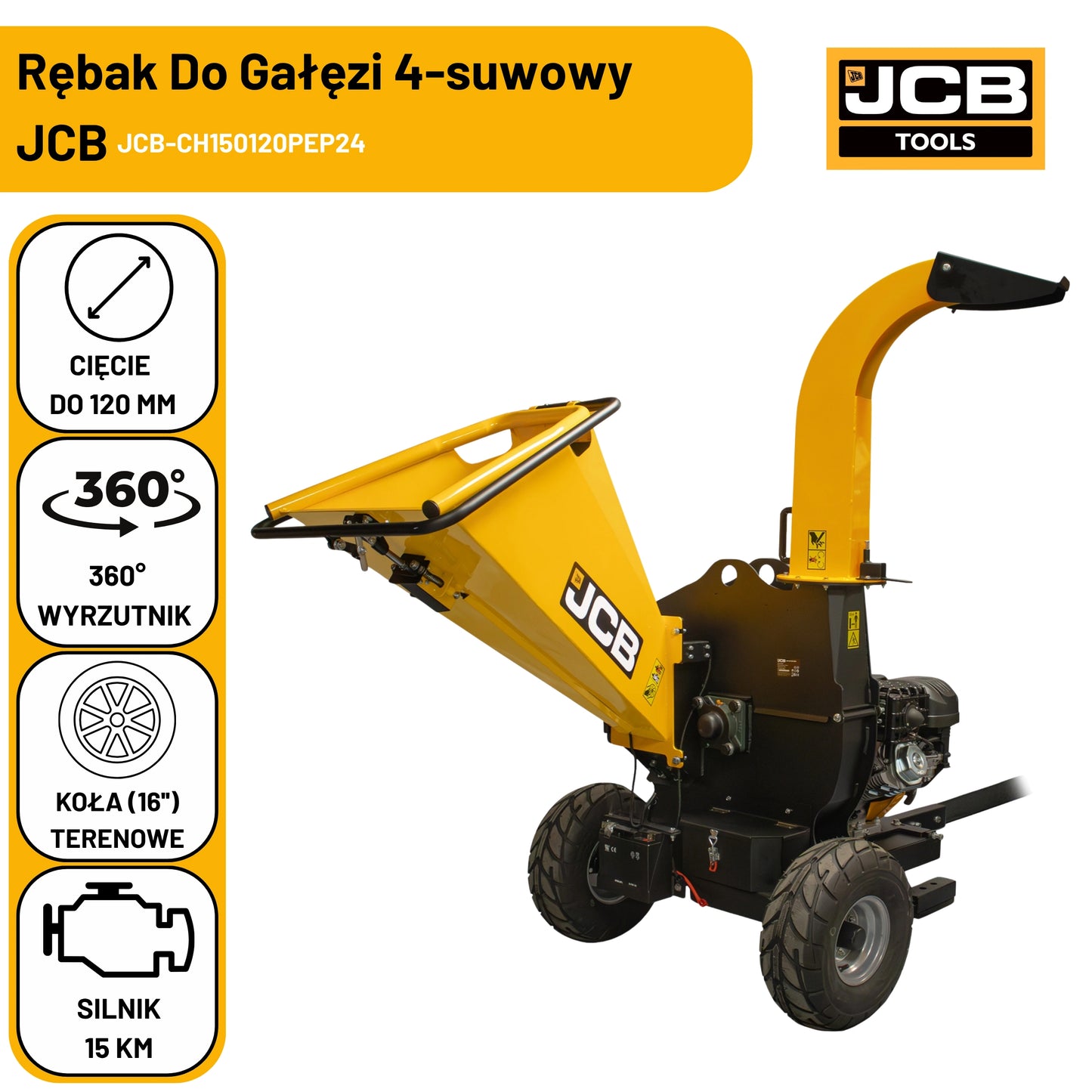 Подрібнювач гілок з 4-тактним двигуном JCB 457 см³, 15 к.с. - 120 мм/4,7 дюйма 