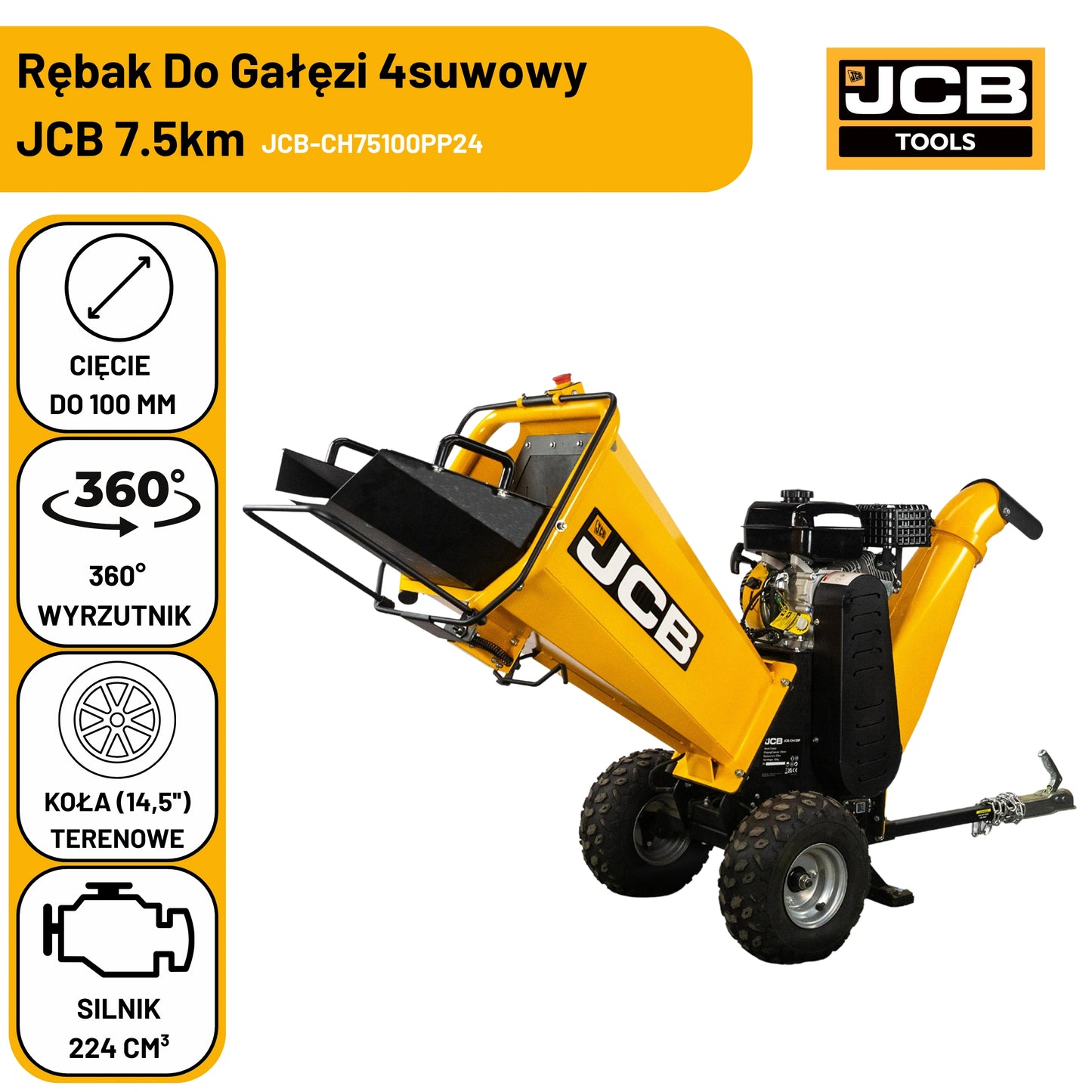 Подрібнювач гілок з 4-тактним двигуном JCB, 224 см3, 7,5 к.с. - 100 мм/4 дюйми 