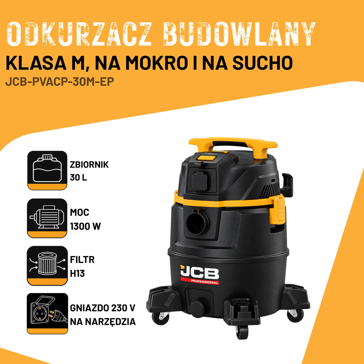 Odkurzacz przemysłowy JCB Professional JCB-PVACP-30M-EP 30 L na mokro i sucho z gniazdem do elektronarzędzi – zdjęcie 2